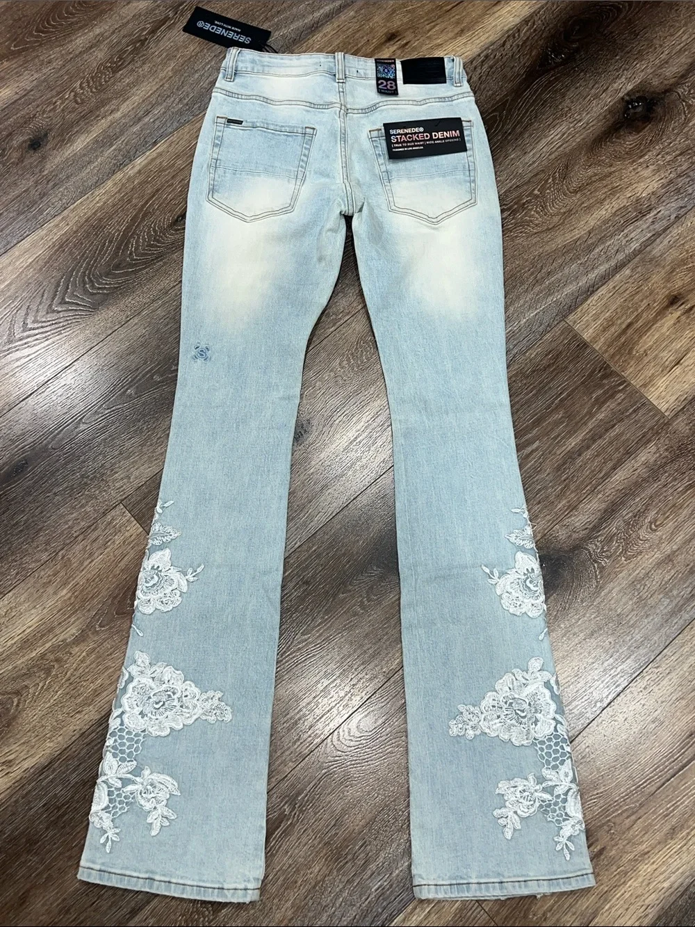 Serenede Garden Stacked Lace Applique Light Wash Unisex Denim Jeans 